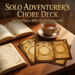May include: A card game titled Solo Adventurer's Chore Deck: A One-Player RPG for Everyday Life, featuring cards with gold-toned borders and text like Dish Duty and Floor Quest, alongside an open book with star charts and a teacup on a saucer.