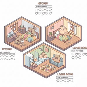 May include: Isometric illustration of three rooms: kitchen, bedroom, and living room. Each room features cartoon characters and furniture. Text at the top reads "KITCHEN" and "LIVING ROOM" with a task progress bar below. The overall theme is a cozy, animated interior.