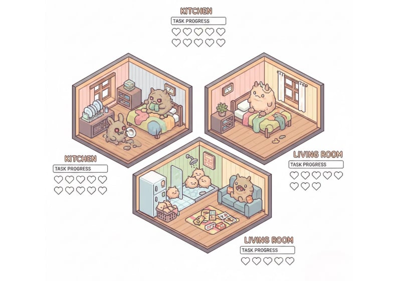 May include: Isometric illustration of three rooms: kitchen, bedroom, and living room. Each room features cartoon characters and furniture. Text at the top reads "KITCHEN" and "LIVING ROOM" with a task progress bar below. The overall theme is a cozy, animated interior.