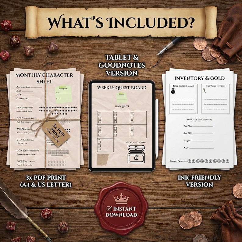 May include: A digital download product with a wooden background. The image includes character sheets, a weekly quest board, and an inventory sheet. Text includes "What's Included?", "3x PDF Print", and "Instant Download".