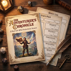Puede incluir: El sistema de productividad RPG The Adventurer's Chronicle. Un diario de temática fantástica con hojas de personajes, dados, una pluma y llaves sobre una superficie de madera. La portada presenta un guerrero.