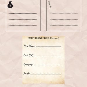 May include: A beige inventory tracker with the title "INVENTORY & GOLD". It includes sections for income, savings, and expenses. The income section has a money bag icon, and the savings section has a key icon. There is a savings progress bar at the bottom.