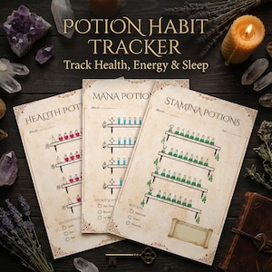 May include: Three potion habit tracker sheets with the text "Potion Habit Tracker: Track Health, Energy & Sleep." Each sheet features a different potion type: Health, Mana, and Stamina. The sheets have a vintage, parchment-like appearance.