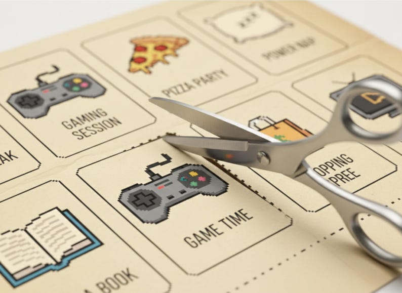 May include: A sheet of paper with pixelated illustrations of leisure activities, including a pizza slice, a controller labeled "Game Time," and a book. Scissors are cutting out the "Game Time" illustration.