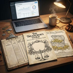 May include: A cozy workspace featuring a laptop displaying a business dashboard, a steaming mug of coffee, and a clipboard with a quest board. The scene includes a ledger titled "The Treasurer's Guild" and a book with a treasure chest illustration.