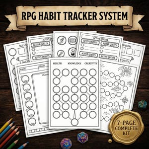 May include: A 7-page RPG habit tracker kit with various black and white printable sheets. The sheets include spaces for tracking skills, quests, and character information. The image also shows dice and coloured pencils.