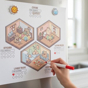 May include: A white chore chart with illustrated rooms and task progress hearts, held on a refrigerator. The chart features a sun and water droplet magnet. A hand with a red marker is marking the chart.