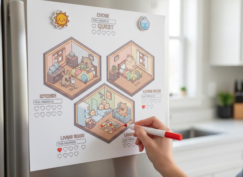 May include: A white chore chart with illustrated rooms and task progress hearts, held on a refrigerator. The chart features a sun and water droplet magnet. A hand with a red marker is marking the chart.