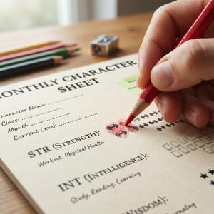 May include: A person using a red pencil to fill out a "MONTHLY CHARACTER SHEET". The sheet includes sections for character name, class, month, and current level. The "STR (STRENGTH)" section is highlighted with a dumbbell graphic.