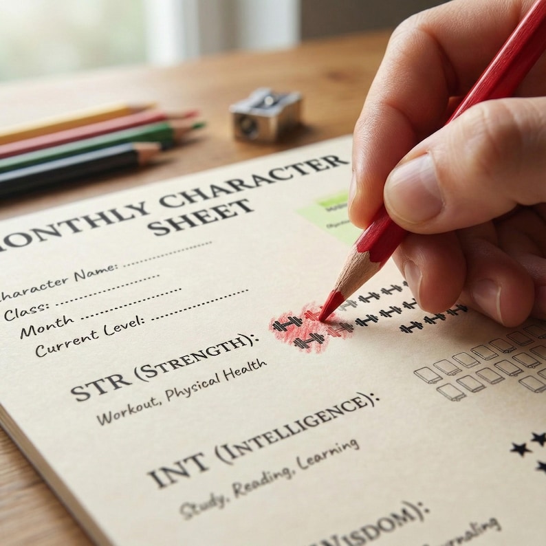 May include: A person using a red pencil to fill out a "MONTHLY CHARACTER SHEET". The sheet includes sections for character name, class, month, and current level. The "STR (STRENGTH)" section is highlighted with a dumbbell graphic.