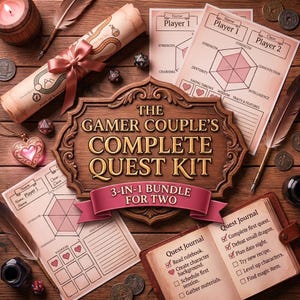 Peut inclure: Un kit de jeu de table comprenant une plaque en bois avec le texte THE GAMER COUPLE'S COMPLETE QUEST KIT 3-IN-1 BUNDLE FOR TWO, entouré de feuilles de personnage, un parchemin roulé avec un ruban rose, un pendentif cœur et un journal de quête.