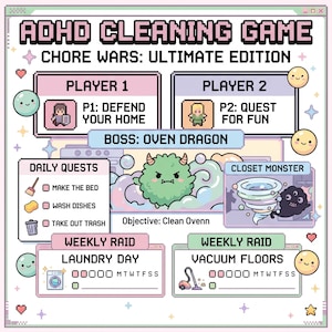 May include: A digital graphic titled "ADHD Cleaning Game: Chore Wars: Ultimate Edition." The image presents game elements such as "Player 1," "Player 2," daily and weekly quests, and a boss character, all in a pastel colour scheme.
