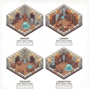 May include: Isometric illustration of four rooms: armory, library, treasury, and laboratory. Each room is in a stone brick structure. The armory has a slime monster. The library has bookshelves and a spiderweb. The treasury has treasure chests. The laboratory has a potion.