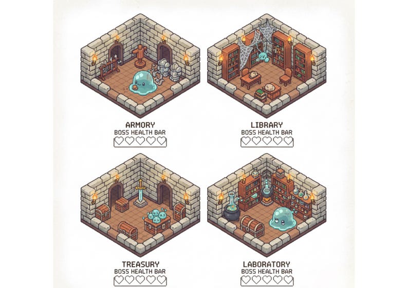 May include: Isometric illustration of four rooms: armory, library, treasury, and laboratory. Each room is in a stone brick structure. The armory has a slime monster. The library has bookshelves and a spiderweb. The treasury has treasure chests. The laboratory has a potion.