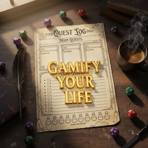 Peut inclure: Un bloc-notes de style vintage "Quest Log" avec les mots "Gamify Your Life" en lettres dorées. Le bloc-notes est entouré de dés, d'une plume, d'une tasse de café et d'un petit livre, le tout sur une surface en bois.