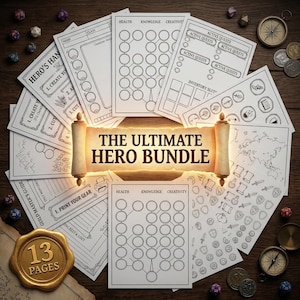 Könnte beinhalten: Eine Sammlung weißer Papierbögen mit schwarzen Illustrationen und Texten, darunter Charakterbögen, Karten und Spielanleitungen. Der Text "THE ULTIMATE HERO BUNDLE" wird auf einer Schriftrolle angezeigt. Würfel, Münzen und ein Kompass sind verstreut.