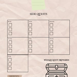 May include: A Weekly Quest Board with the text "WEEKLY QUEST BOARD" at the top. It includes sections for "MAIN QUEST", "SIDE QUESTS", and "WEEKLY LOOT (REWARD)". The board has boxes for each day of the week and a treasure chest graphic.
