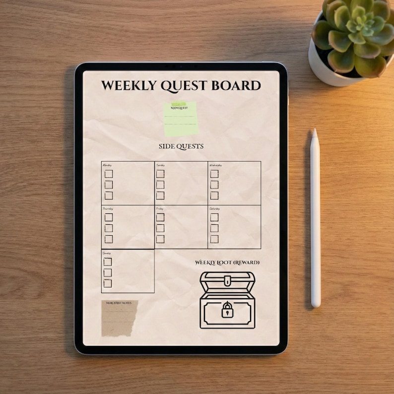 May include: A digital weekly quest board displayed on a tablet. The screen features text that reads "WEEKLY QUEST BOARD" and "SIDE QUESTS". A treasure chest graphic is at the bottom. A white stylus and a small potted succulent are also visible.