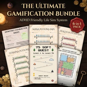 May include: The Ultimate Gamification Bundle, a 6-in-1 pack, includes character sheets, potion charts, and a world map. The bundle features the text "75 Soft Quest" and is designed as an ADHD-friendly life simulation system.