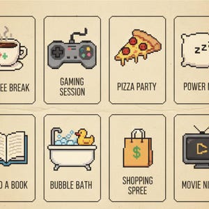 May include: Pixelated illustrations of leisure activities on a beige background. Includes a coffee cup, game controller, pizza slice, pillow, book, bathtub, shopping bag, and television, each with a descriptive label.