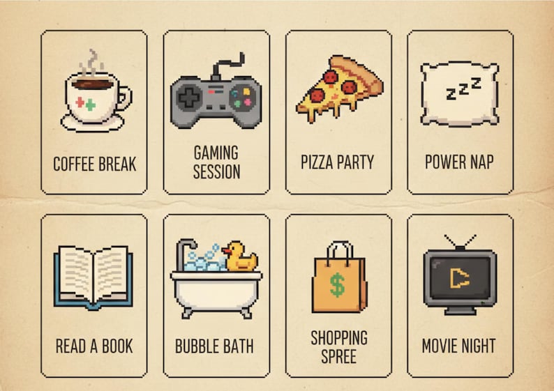 May include: Pixelated illustrations of leisure activities on a beige background. Includes a coffee cup, game controller, pizza slice, pillow, book, bathtub, shopping bag, and television, each with a descriptive label.