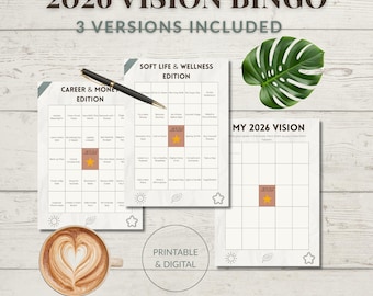 2026 Vision Board Bingo zum Ausdrucken, Neujahresvorsatz, Zielfestlegungsvorlage, 75 Soft Challenge Tracker, Motivationstafel PDF