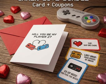 Gamer Valentine's Day Card & Coupon Bundle | Player 2 Anniversary Gift | 8-Bit Retro Love Coupons for Him | Printable PDF | Last Minute