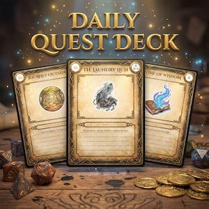 May include: A tabletop game set featuring three illustrated cards with the text "DAILY QUEST DECK." The cards depict fantasy-themed images and text, including "JOURNEY OUTSIDE," "THE LAUNDRY LICH," and "TOME OF WISDOM." Dice and gold coins are scattered around the cards.