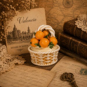 May include: A ceramic basket-shaped trinket box filled with orange-coloured fruit. The box has a white and yellow woven design with a twisted white handle. A vintage postcard with the word "Valencia" is in the background.