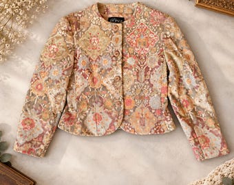 Chaqueta vintage Gaston Jaunet de lana y cachemir con tapiz francés / Blazer corto floral de los años 80 y 90