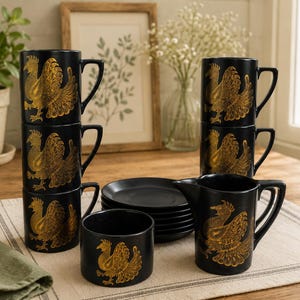 May include: A set of black ceramic tableware featuring a gold-coloured rooster illustration. The collection includes three stacked mugs, two additional mugs, a small bowl, a creamer pitcher, and a stack of saucers, all decorated with the same bird motif.