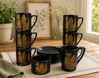 Servizio da caffè parziale vintage Portmeirion "Phoenix" nero e oro, stile Mid-Century Modern (caffettiera non inclusa)