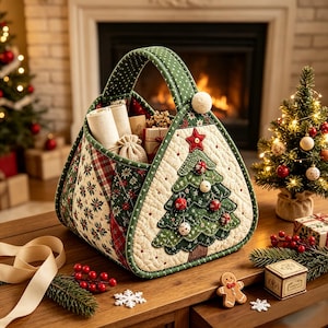 Christmas Quilted Patchwork Basket Sewing Kit,Complete Fabric Craft Kit,Santa Reindeer Snowman Gingerbread Man Handmade Storage Gift Bag