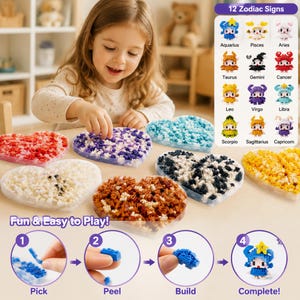 May include: A set of small building blocks organized in heart-shaped containers, featuring various colors including red, purple, blue, white, brown, black, and yellow. A chart displays 12 zodiac signs, and a four-step guide shows how to build figures.