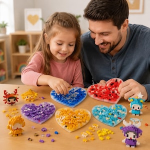 May include: A collection of small plastic building blocks arranged in heart-shaped trays of blue, red, purple, yellow, and light blue. Several completed block figures in various colors stand on the table alongside loose pieces.