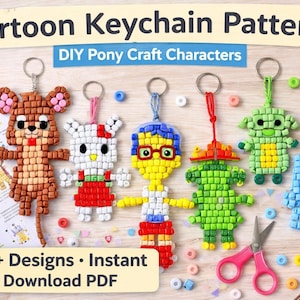 May include: A selection of cartoon keychain patterns, featuring a mouse, cat, and other characters, all crafted from small, colourful beads. The image includes the text "Cartoon Keychain Patterns" and "50+ Designs • Instant Download PDF".