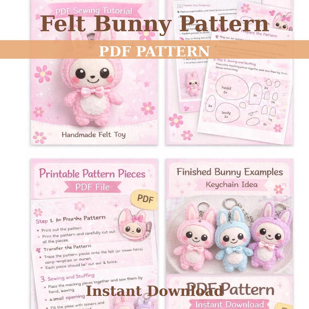 Felt Bunny Sewing Pattern PDF | DIY Bunny Keychain Toy | Instant ...