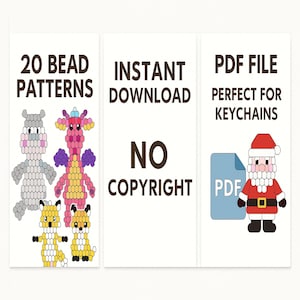 Könnte beinhalten: Ein digitaler Download mit 20 Perlenmustern für Schlüsselanhänger. Das Bild zeigt ein Nilpferd, einen Drachen, zwei Füchse und ein Weihnachtsmann-Design. Der Text enthält "Sofort-Download" und "Kein Copyright".