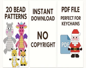 20 Bead Animal & Holiday Patterns PDF | Mini Bead Keychain Designs | No Copyright |