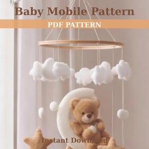 Patrón de móvil para bebé en PDF / Móvil de fieltro para guardería / Luna, estrellas y nubes / Móvil para cuna DIY / Descarga digital