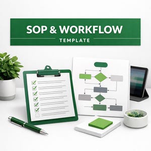 May include: A green clipboard with a checklist, a green pen, and a diagram are on a white surface. The words "SOP & WORKFLOW TEMPLATE" are displayed on a green sign above. A small plant and a tablet are also present.