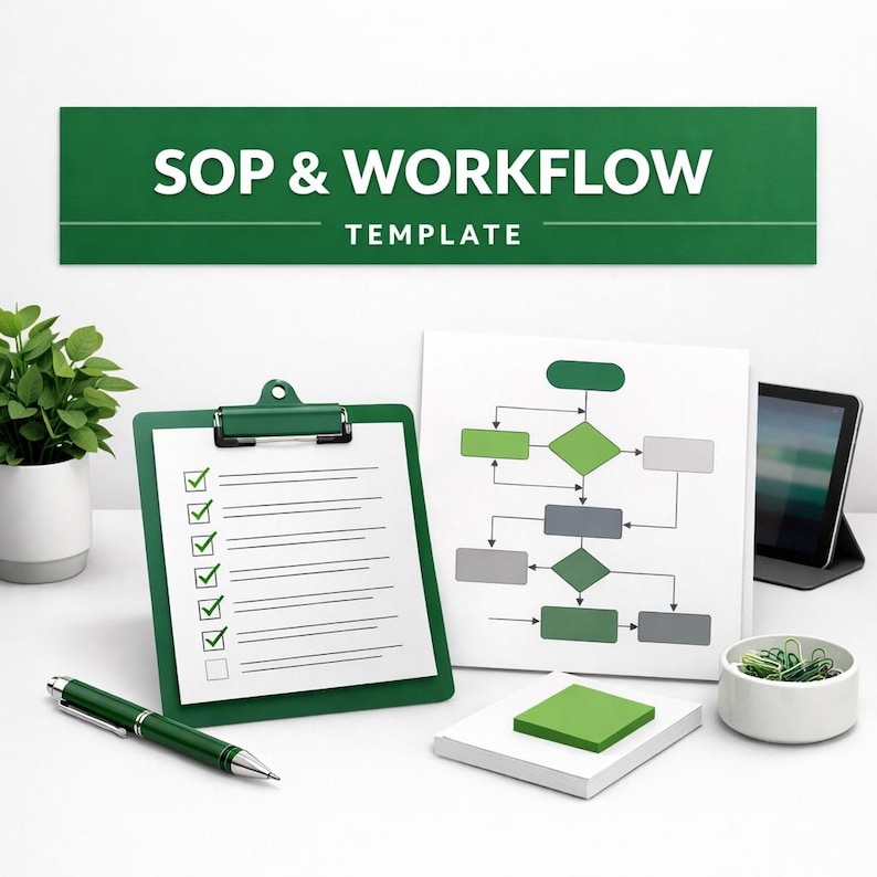 Op de afbeelding: Een groene klembord met een checklist, een groene pen en een diagram liggen op een wit oppervlak. De woorden "SOP & WORKFLOW TEMPLATE" worden weergegeven op een groen bord erboven. Een kleine plant en een tablet zijn ook aanwezig.
