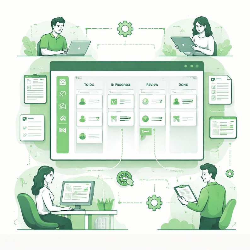 Op de afbeelding: Een illustratie van een projectmanagementbord met de kolommen "To Do", "In Progress", "Review" en "Done". Mensen worden getoond met laptops, tablets en computers, met grafieken en documenten. Het kleurenschema is groen en wit.