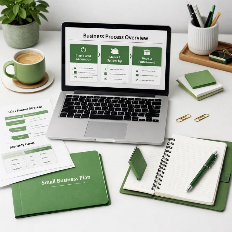 Op de afbeelding: Een laptop met een "Business Process Overview" staat op een witte tafel, omringd door kantoorbenodigdheden. Een groen notitieboek met "Small Business Plan" is zichtbaar, samen met een kop koffie, pennen en notitieblokken.
