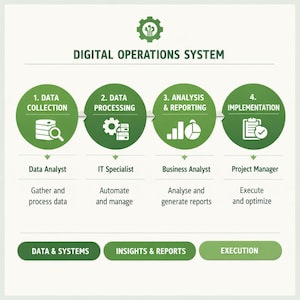 Op de afbeelding: Een diagram getiteld "DIGITAL OPERATIONS SYSTEM" met vier groene cirkels die gegevensverzameling, -verwerking, -analyse en -implementatie illustreren. Elke stap is gelabeld met een rol: Data Analyst, IT Specialist, Business Analyst en Project Manager. De onderkant toont "DATA & SYSTEMS", "INSIGHTS & REPORTS" en "EXECUTION".