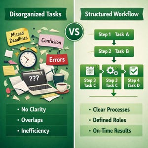 Op de afbeelding: Een infographic die ongeorganiseerde taken vergelijkt met een gestructureerde workflow. De linkerkant toont een rommelig bureau met een wekker, laptop en notities. De rechterkant toont een duidelijk stappenplan met groene vakken.