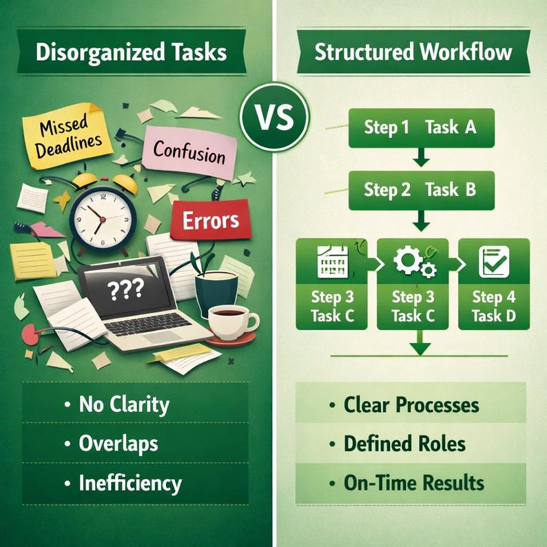 Op de afbeelding: Een infographic die ongeorganiseerde taken vergelijkt met een gestructureerde workflow. De linkerkant toont een rommelig bureau met een wekker, laptop en notities. De rechterkant toont een duidelijk stappenplan met groene vakken.