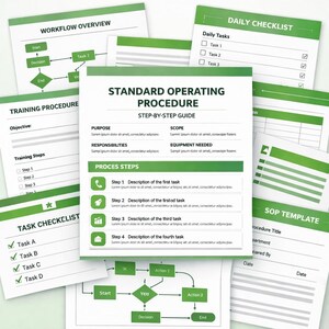 Op de afbeelding: Een verzameling groen-witte documenten met titels als "Workflow Overzicht" en "Dagelijkse Checklist". De documenten bevatten tekst, checklists en diagrammen, geschikt voor bedrijfs- of projectmanagement.