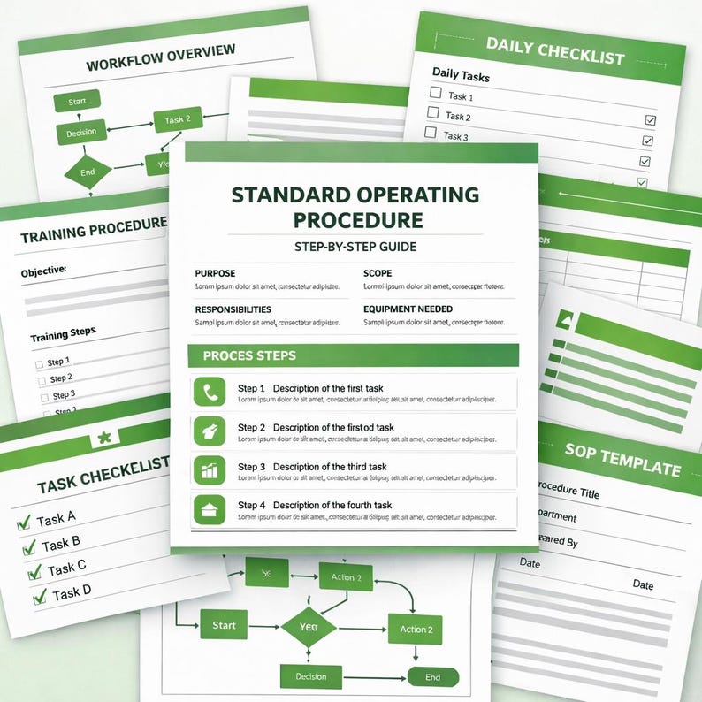 Op de afbeelding: Een verzameling groen-witte documenten met titels als "Workflow Overzicht" en "Dagelijkse Checklist". De documenten bevatten tekst, checklists en diagrammen, geschikt voor bedrijfs- of projectmanagement.