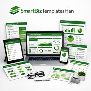 Op de afbeelding: Een verzameling zakelijke en marketing templates, waaronder een laptop, tablet en smartphone met grafieken in groen en wit. Het logo "SmartBiz TemplatesHan" is zichtbaar, samen met diverse documenten.